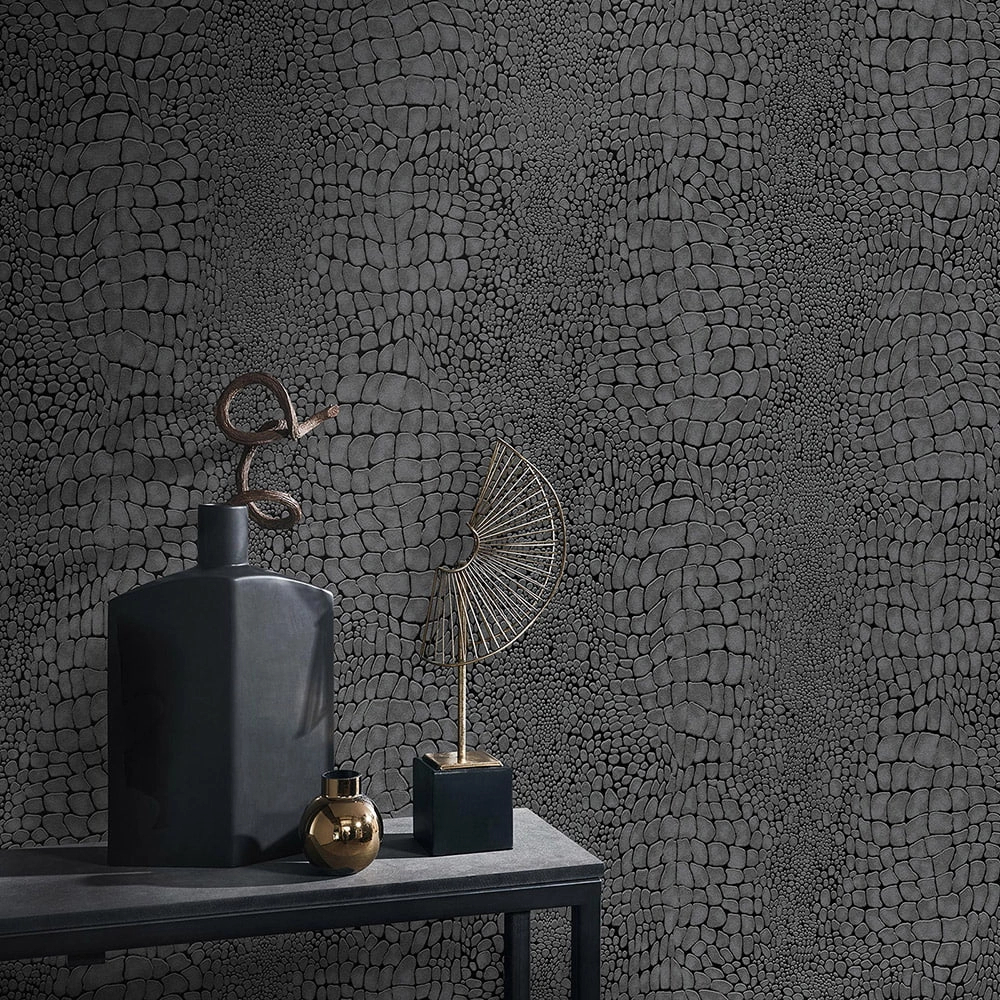 Kígyóbőr mintás antracitszürke és fekete színű design tapéta