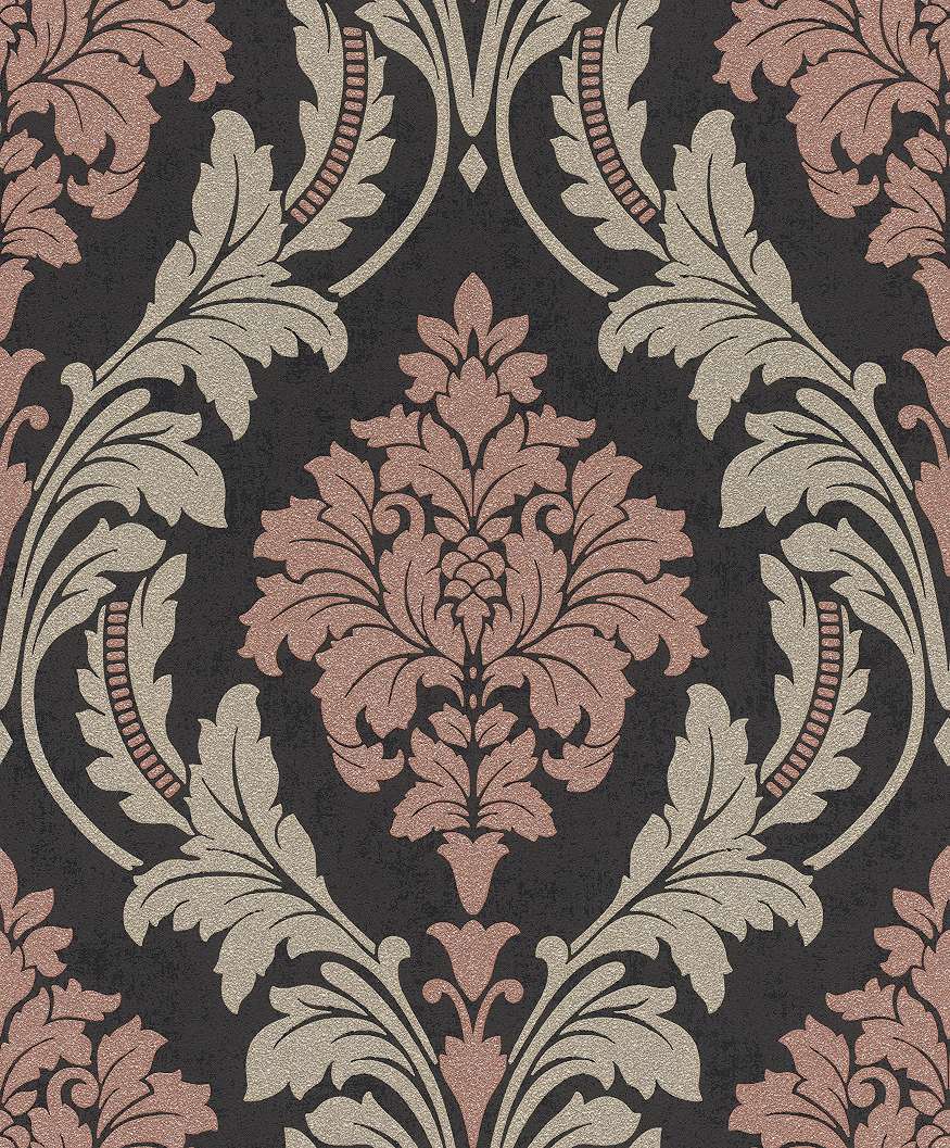 Klasszikus barokk mintás tapéta enyhén csillámos mintával fekete rózsaszín színvilágban