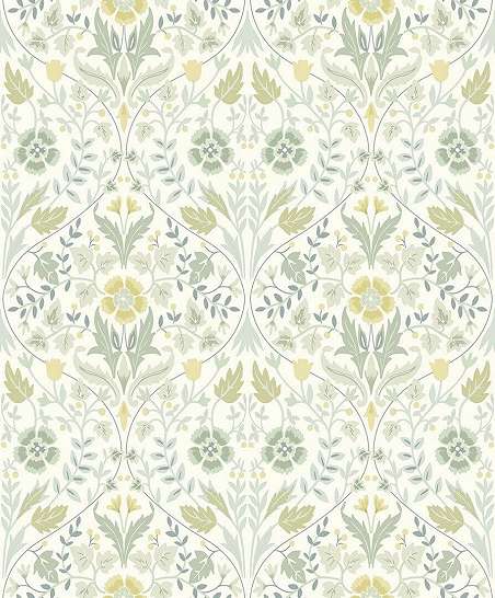 Klasszikus britt stílusú virágmintás design tapéta zöldes színvilágban