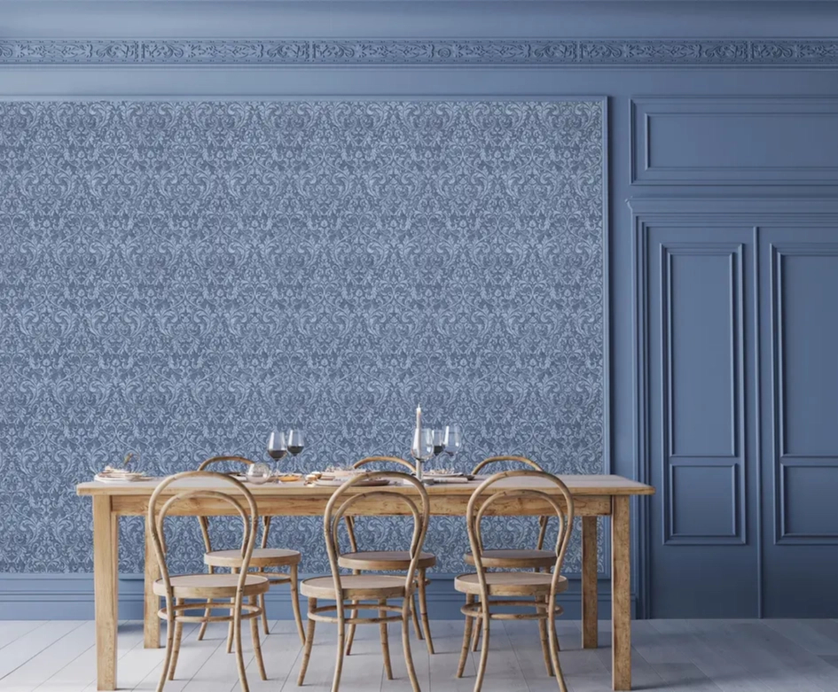 Klasszikus díszes levél mintás tapéta kék színben
