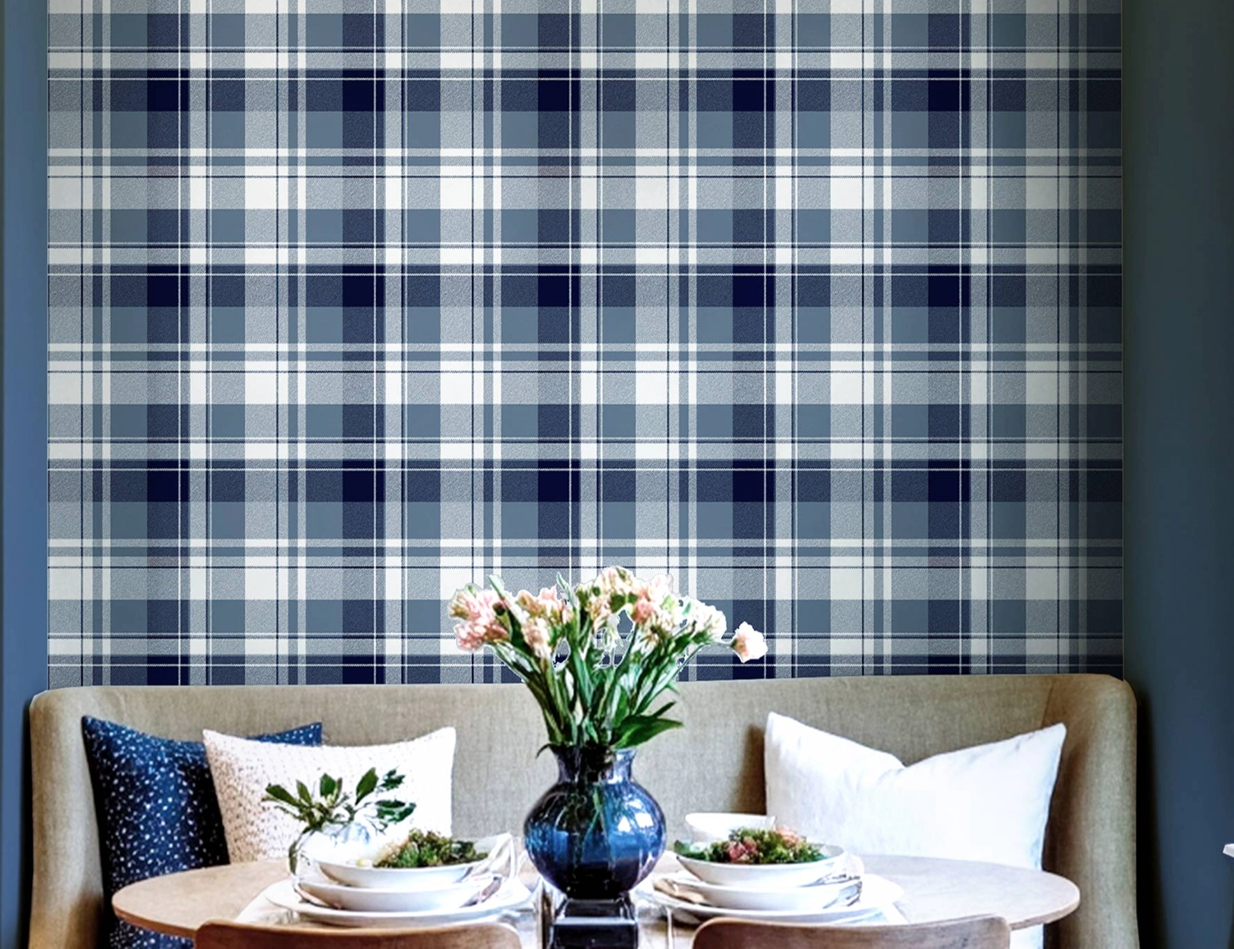 Klasszikus kék skótkockás mintás olasz vinyl tapéta
