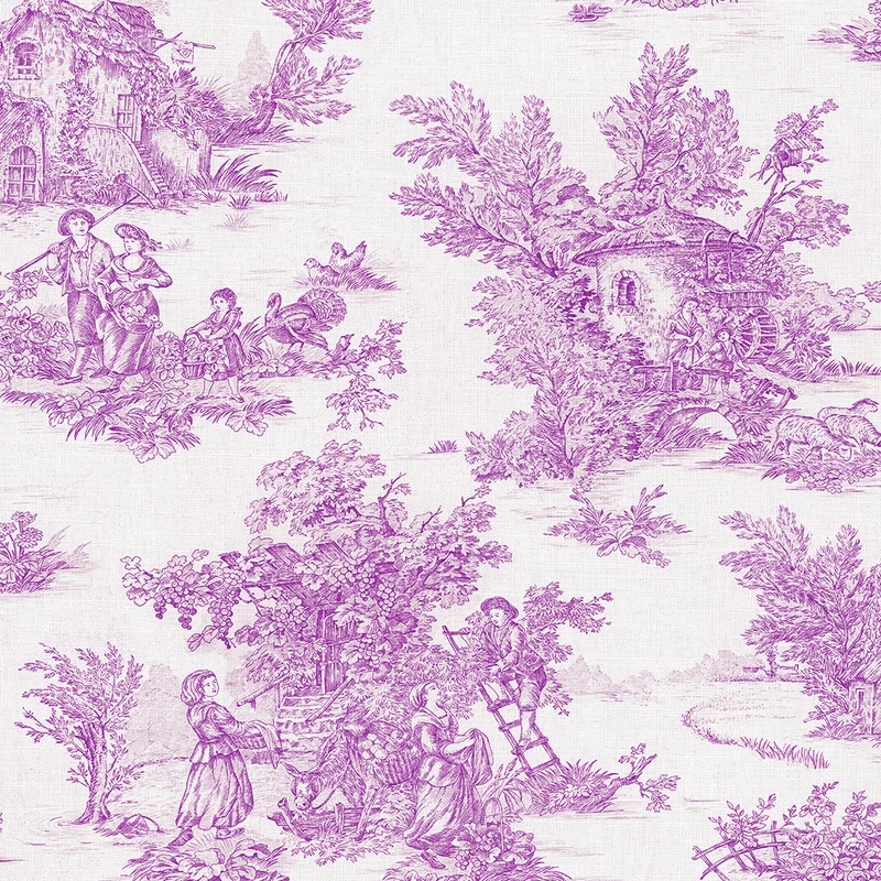 Klasszikus vidéki életkép mintás tapéta lila színben