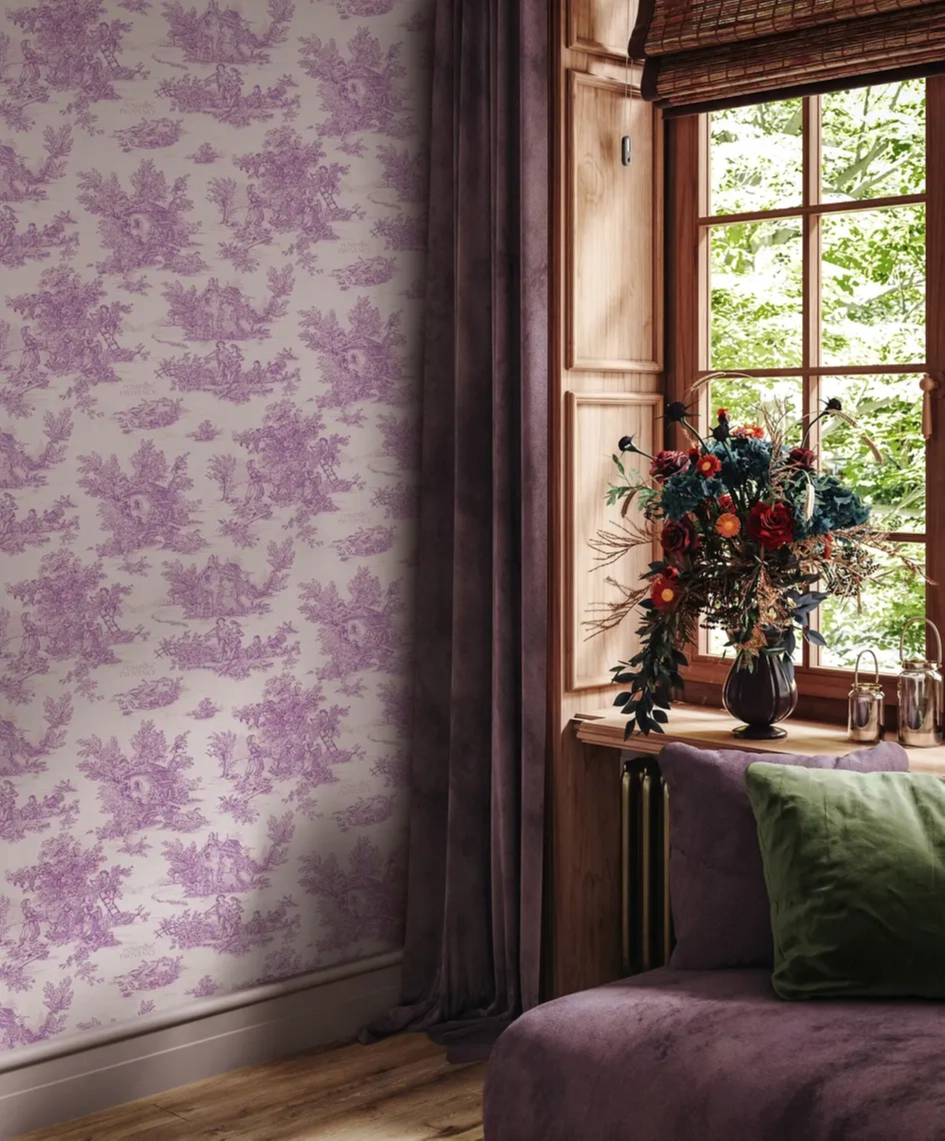 Klasszikus vidéki életkép mintás tapéta lila színben