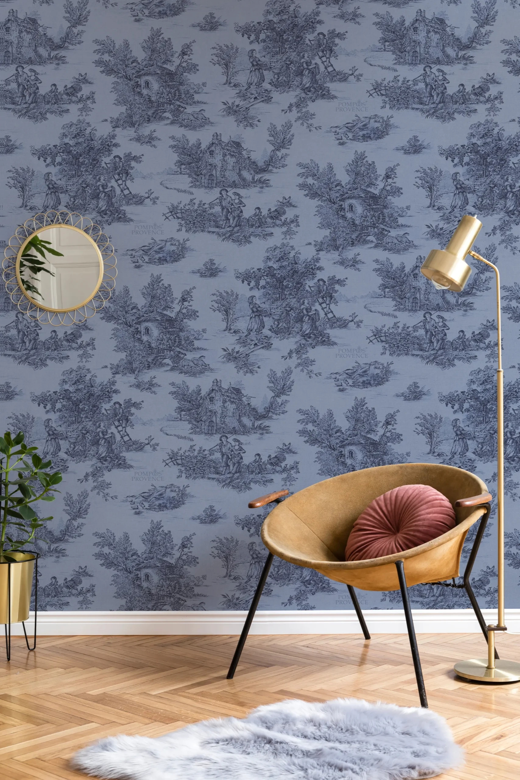 Klasszikus vidéki életkép mintás tapéta sötétkék színben