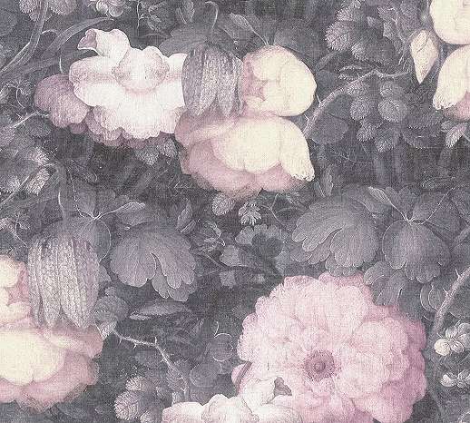 Klasszikus virágmintás tapéta szürke, fekete alapszínben rózsaszín virág mintával