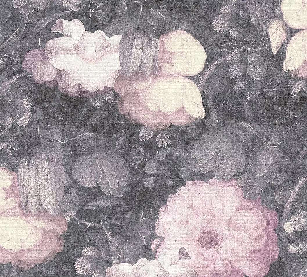 Klasszikus virágmintás tapéta szürke, fekete alapszínben rózsaszín virág mintával