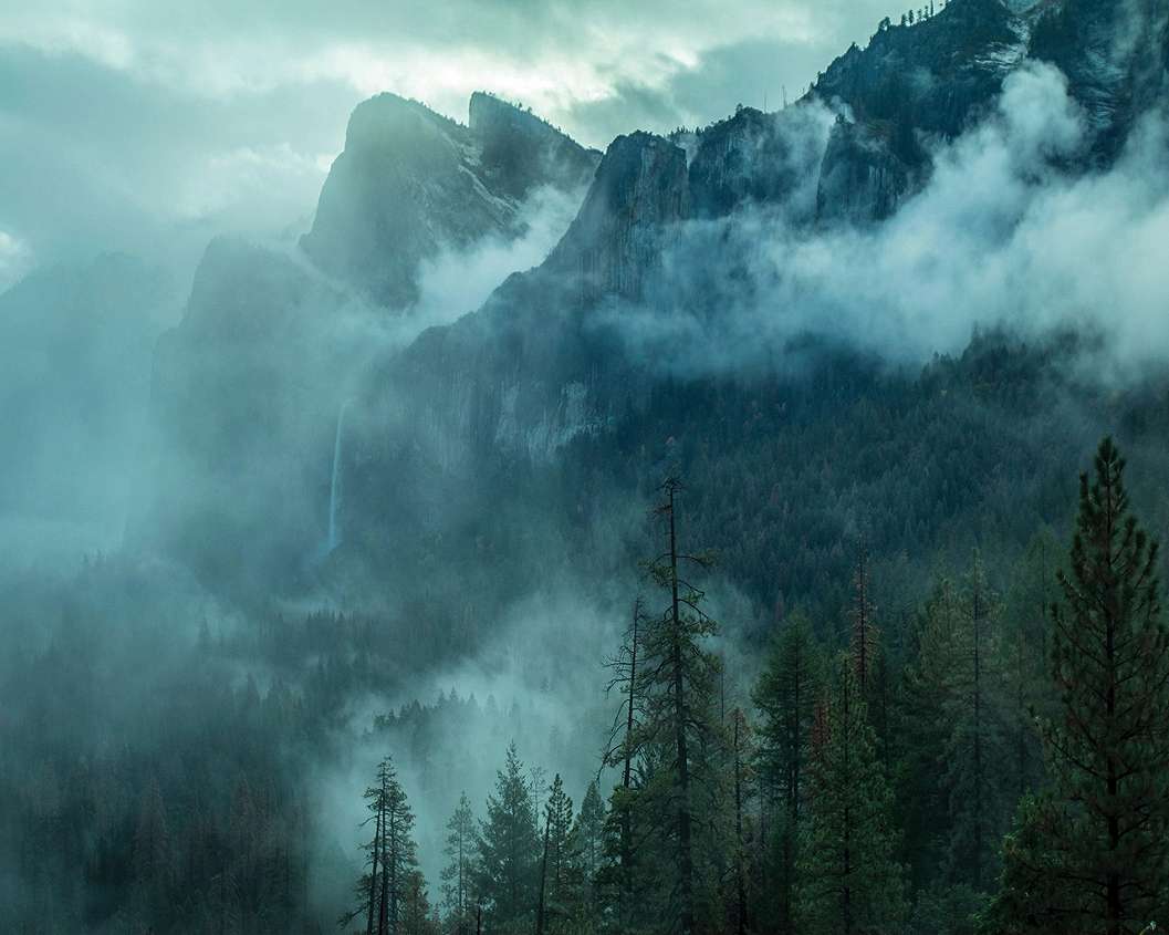 Ködös fenyő erdő hegységgel mintás fali poszter tapéta 368x254 vlies