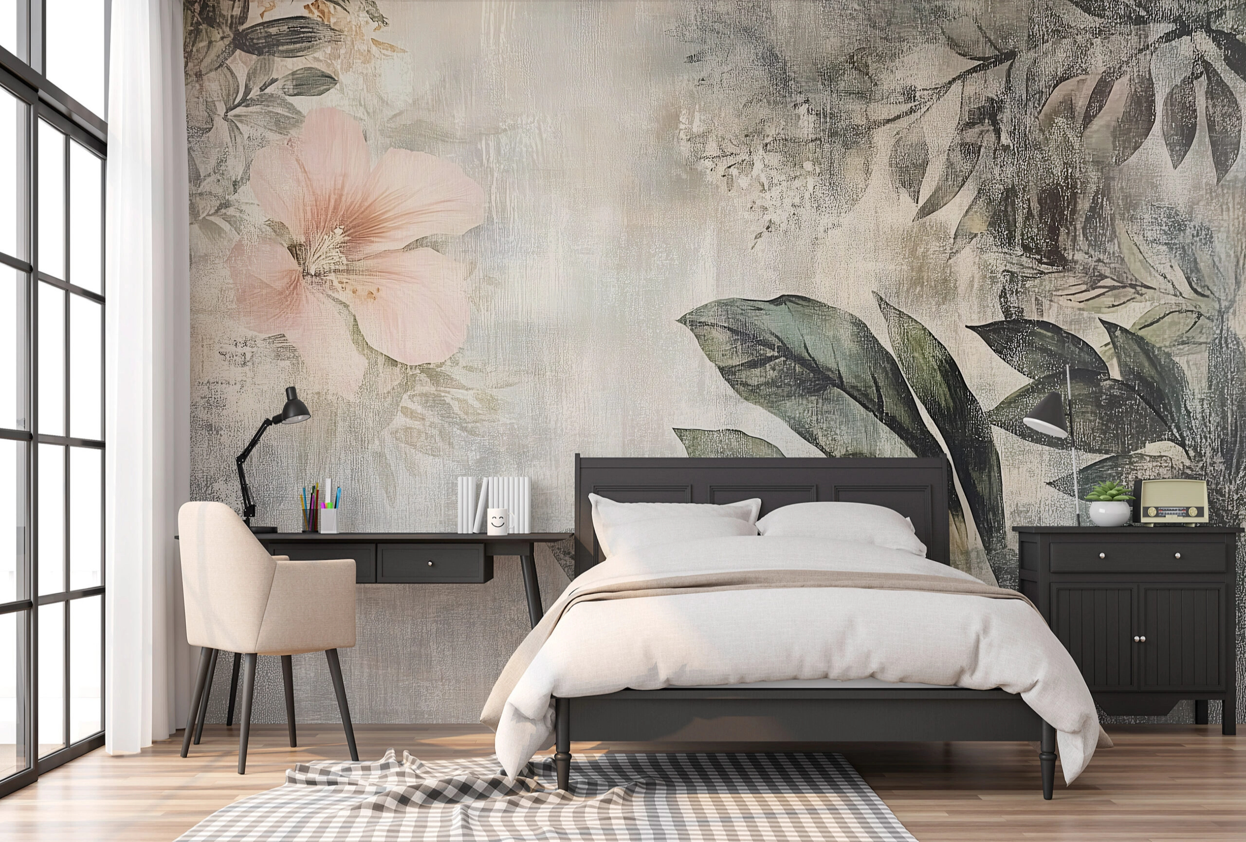 Koptatott anyag hatású felület levél, virág mintás fotótapéta 368x254 vlies