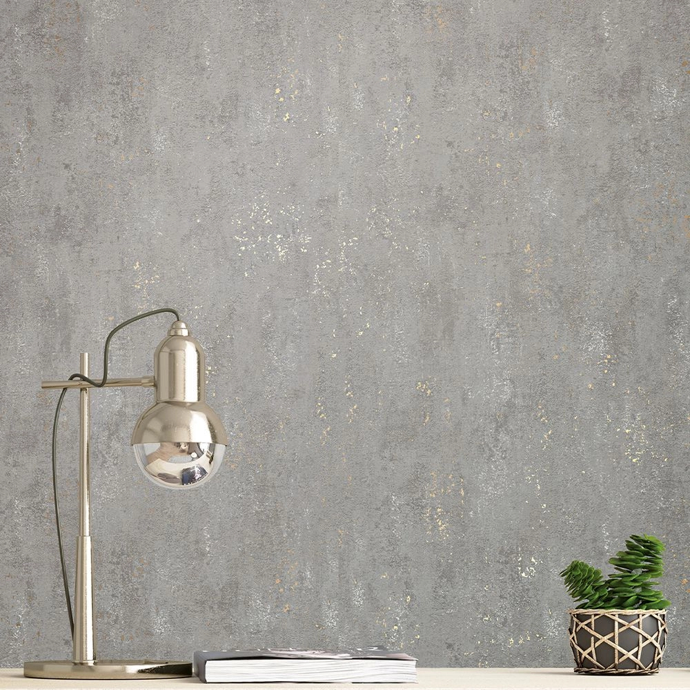 Koptatott beton hatású sötét szürke alapon enyhe metálos koptatott struktúrált design tapéta