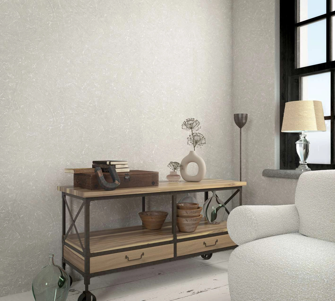 Koptatott felületű loft stílusú szürkés beige design tapéta