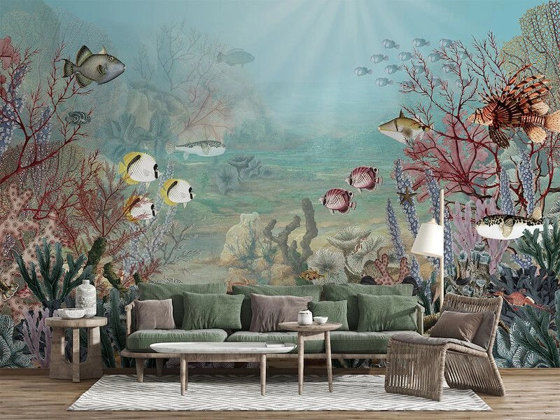 Korall zátony és különféle halak akvarell stílusban mintás design fali poszter tapéta