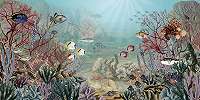 Korall zátony és különféle halak akvarell stílusban mintás design fali poszter tapéta