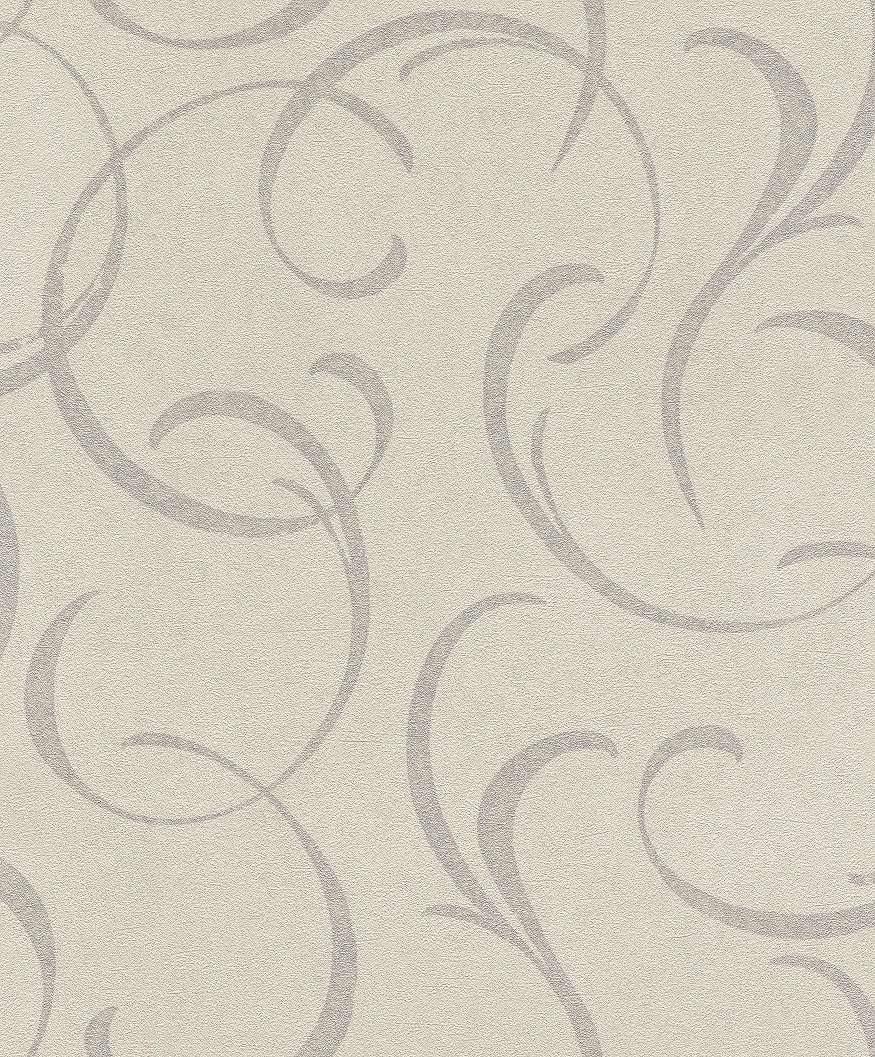 Krém alapon modern inda mintás tapéta, ezüst színű mintákkal