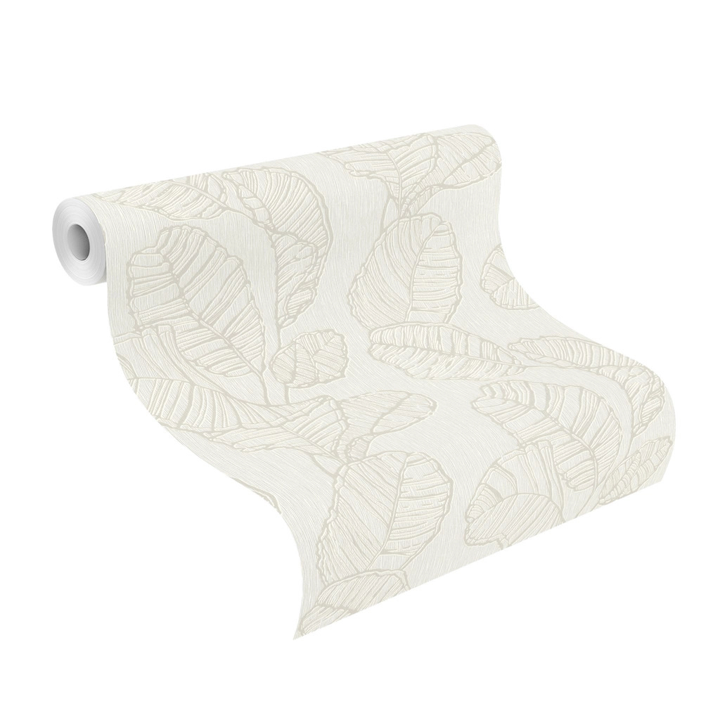 Krém fehér alapon metálos levél mintás design tapéta