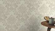 Krém szövethatású alapon szürkés drapp klasszikus mintás tapéta
