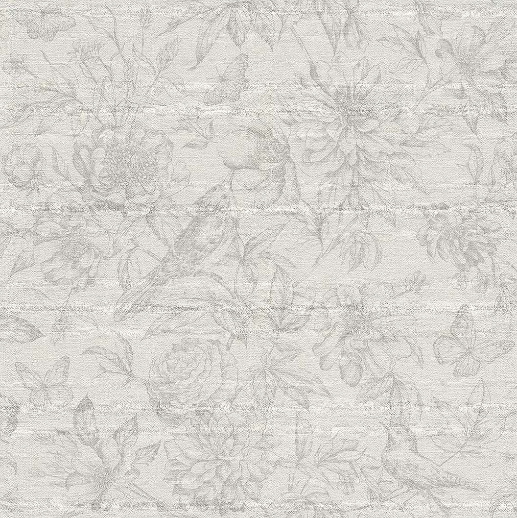Krém-szürke vintage hangulatú virág madár mintás tapéta