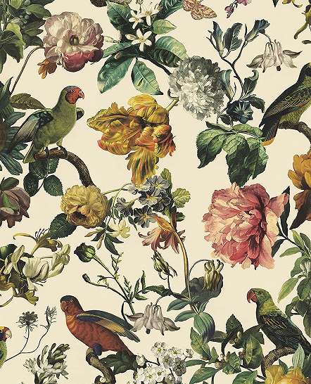 Krémfehér alapon madár és romantikus virágmintás luxus design tapéta