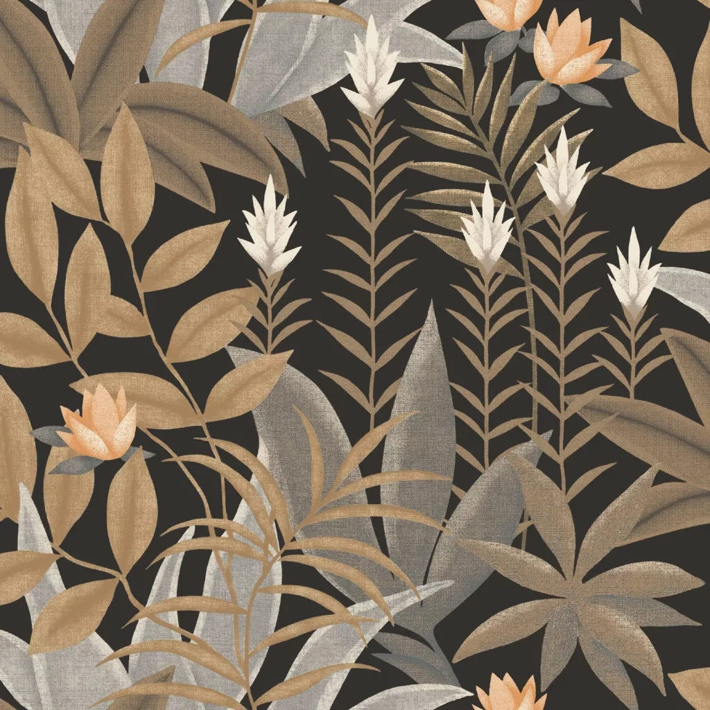 Levél és virág mintás fekete és barna színű francia design tapéta