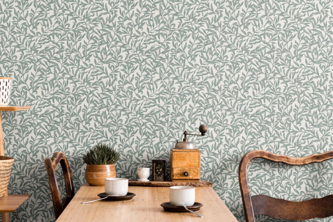 Levél mintás angol stílusú dekor tapéta kékeszöld színben