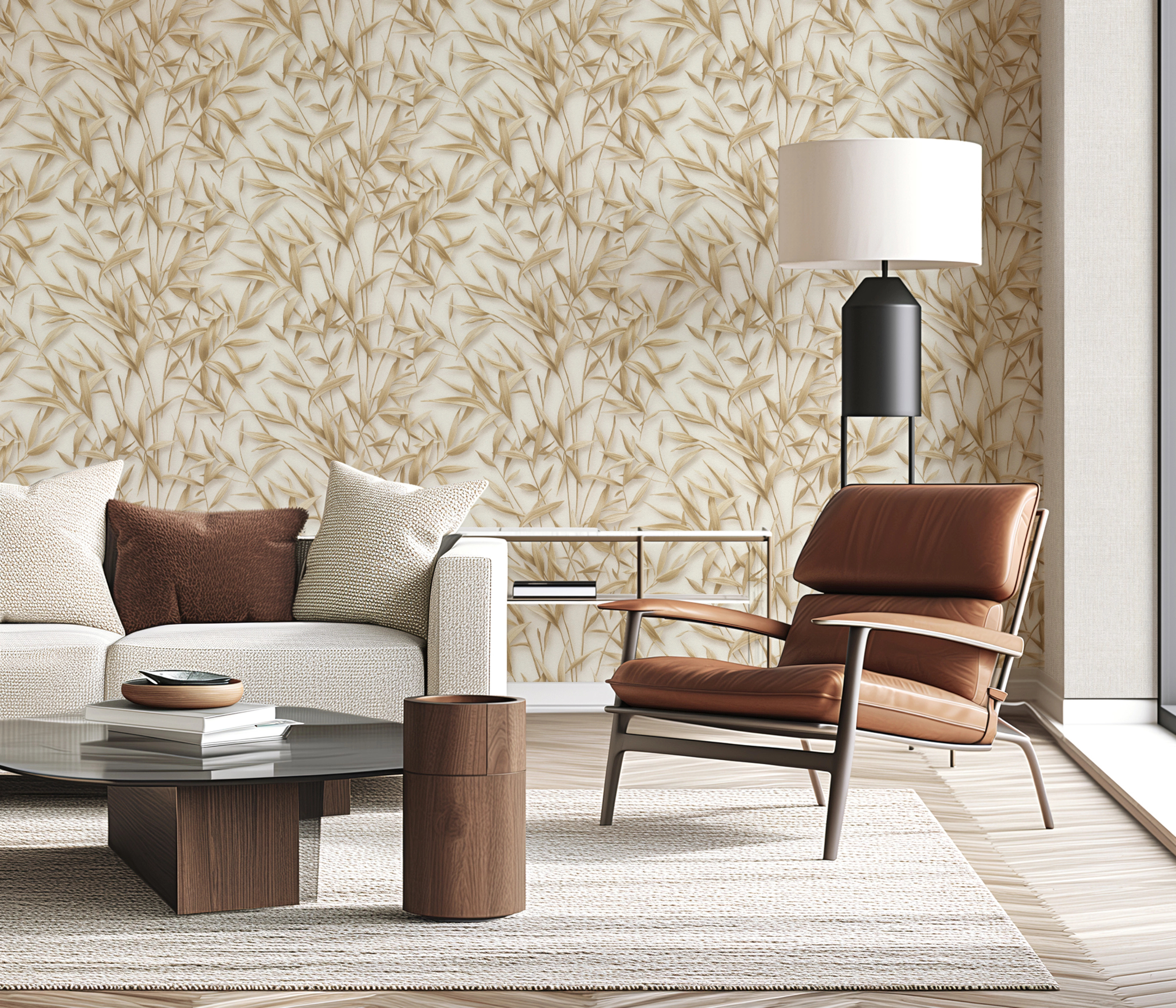 Levél mintás beige színű enyhén csillogó design tapéta