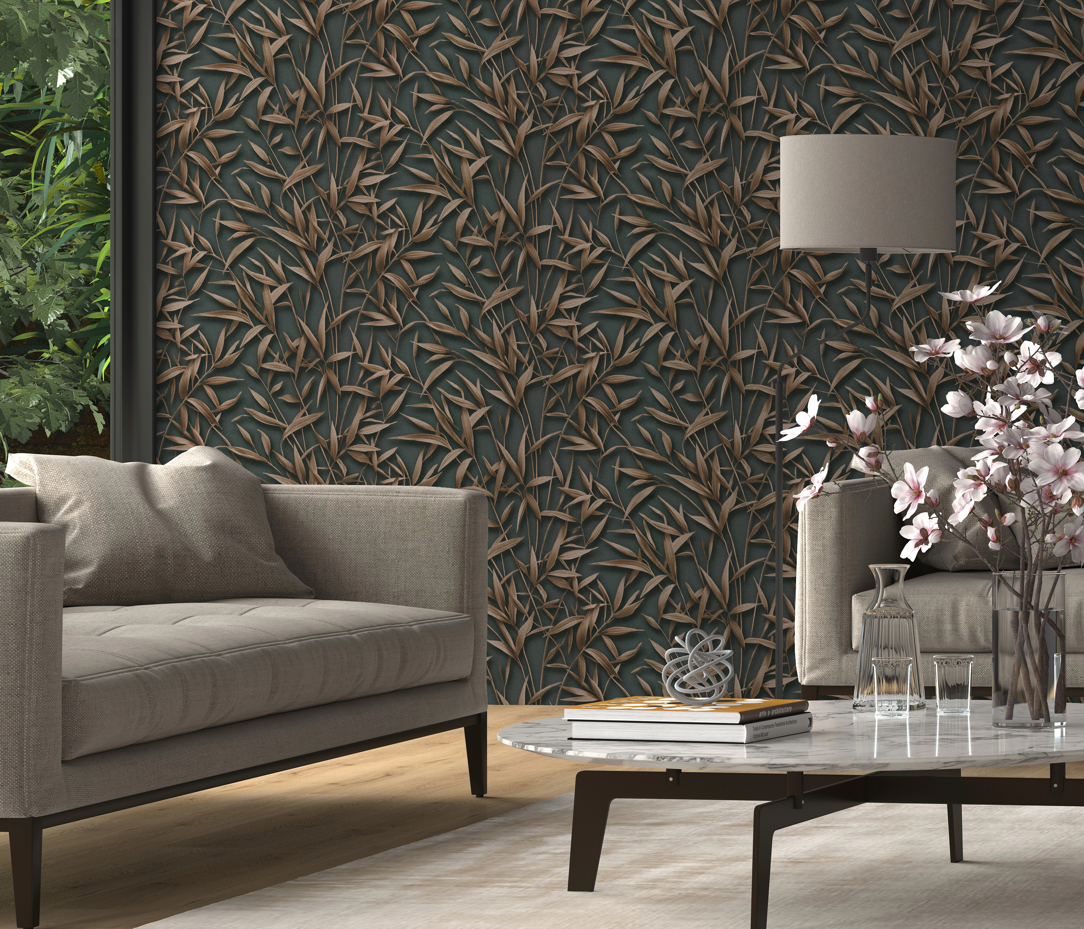 Levél mintás fekete és barna színű design tapéta