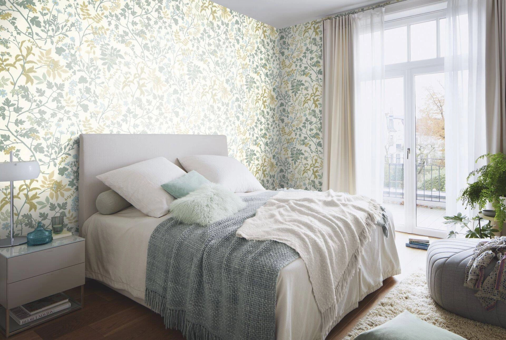 Levél virág mintás vinyl dekor tapéta zöld kékes színekkel