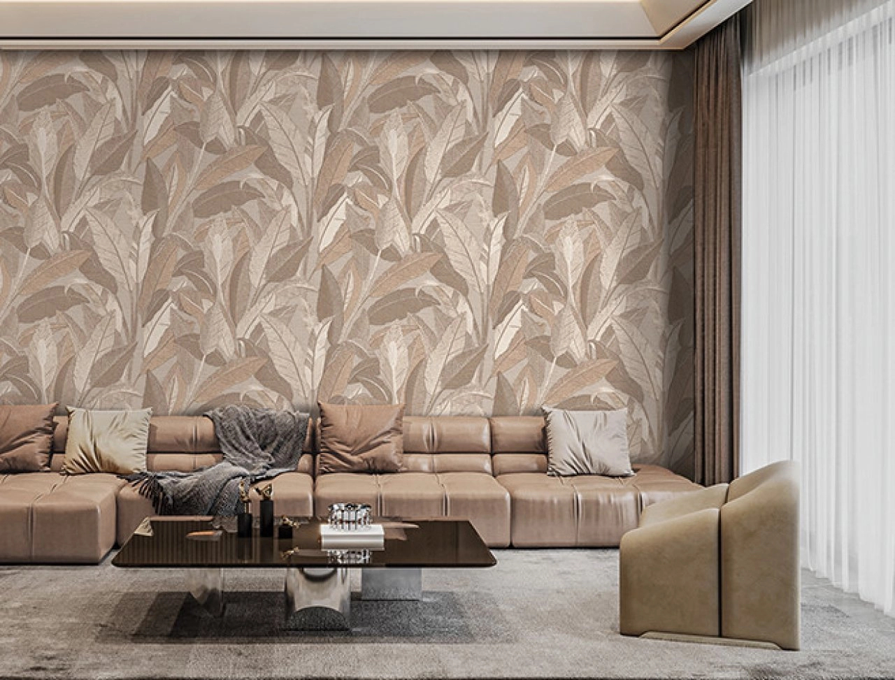 Levélmintás dekor tapéta hímzett hatással drapp színvilágban