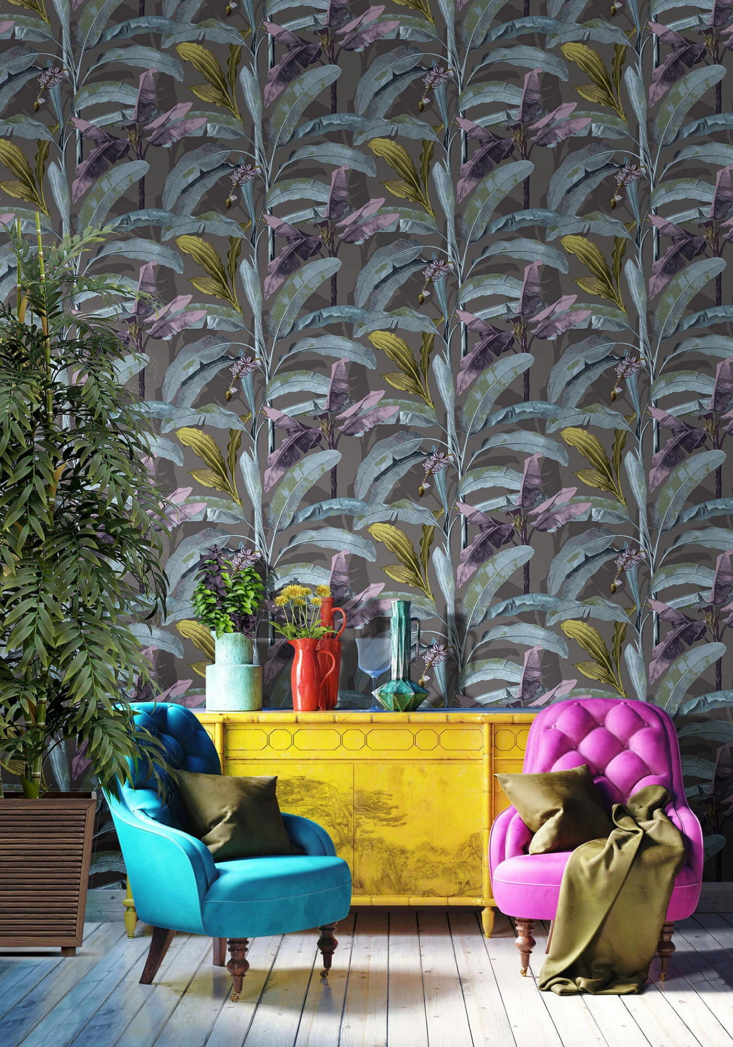 Levélmintás trópusi botanikus design tapéta szürke lila színekkel