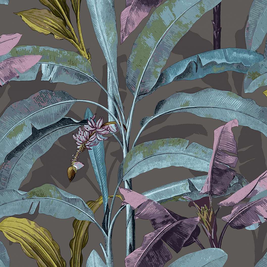 Levélmintás trópusi botanikus design tapéta szürke lila színekkel