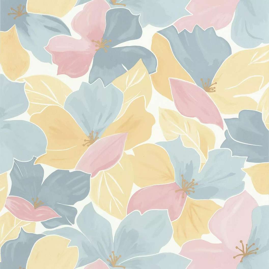 Levélmintás vlies design tapéta mosható felülettel paszell kék, aranysárga, rózsaszín színekkel