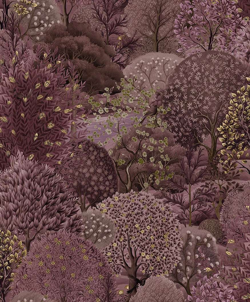 Lila dekor tapéta festői erdei tájkép mintával