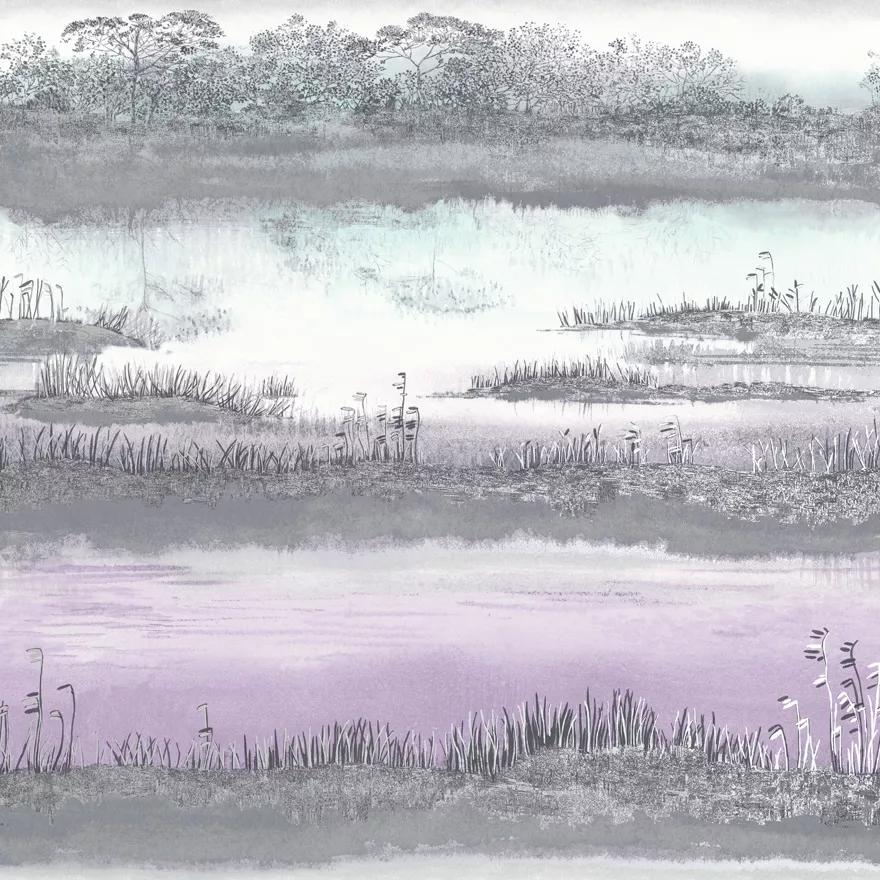 Lila türkiz akvarell hatású tájkép mintás vlies luxus tapéta