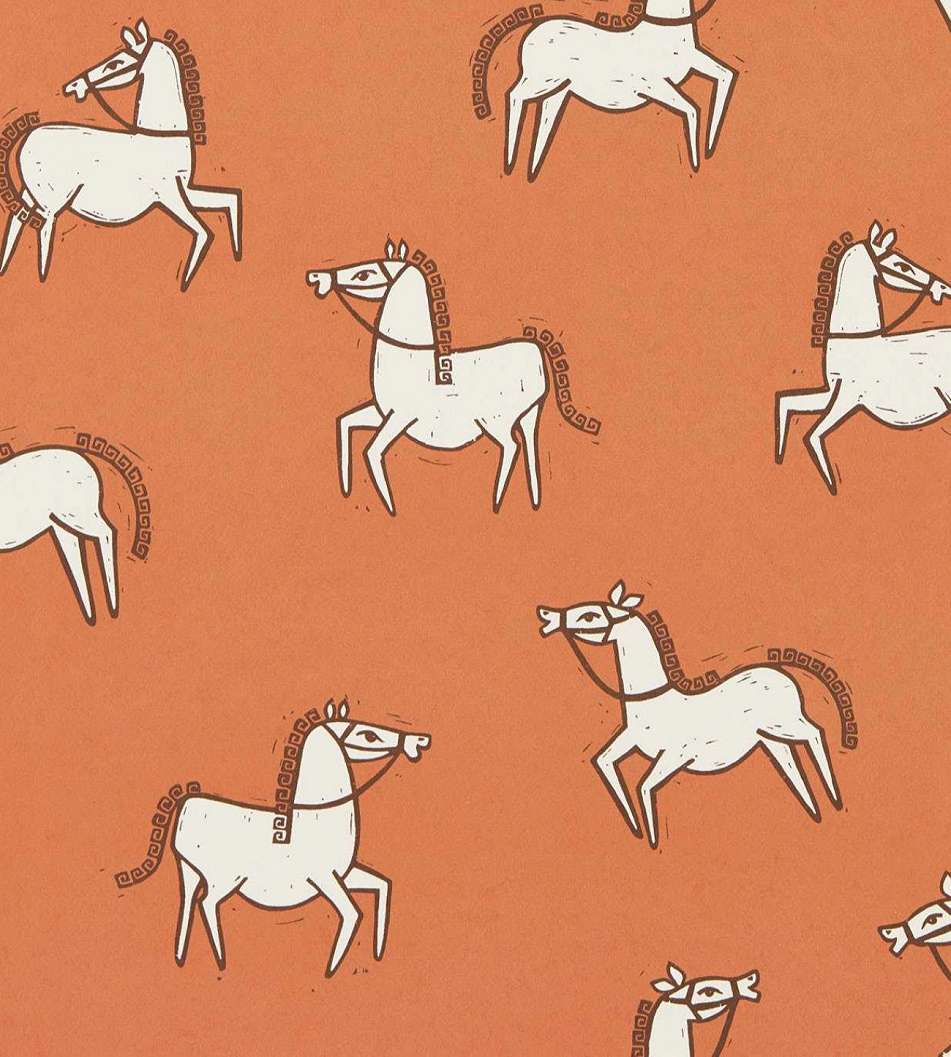 Ló mintás terrakotta színű népies luxus gyerek dekor tapéta