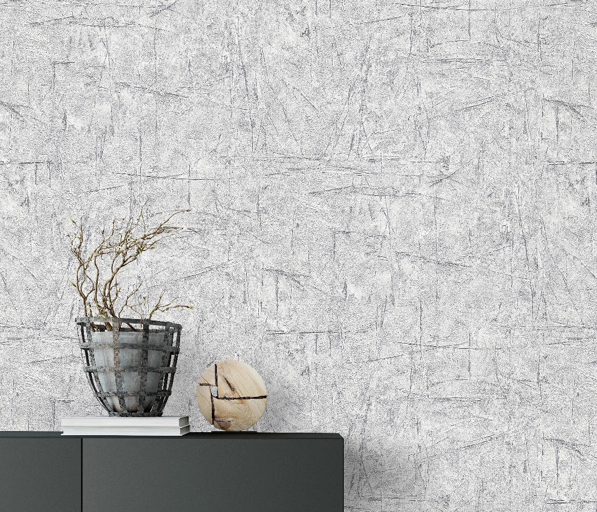Loft hangulatú struktúrált koptatott vakolat hatású szürkés fehér színű design tapéta