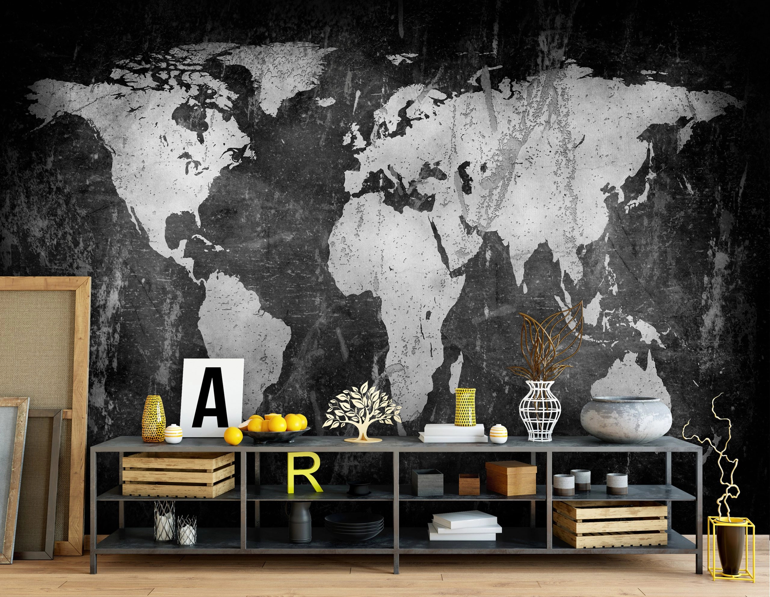 Loftos stílusú szürkés színvilágú világ térkép mintás design fotótapéta