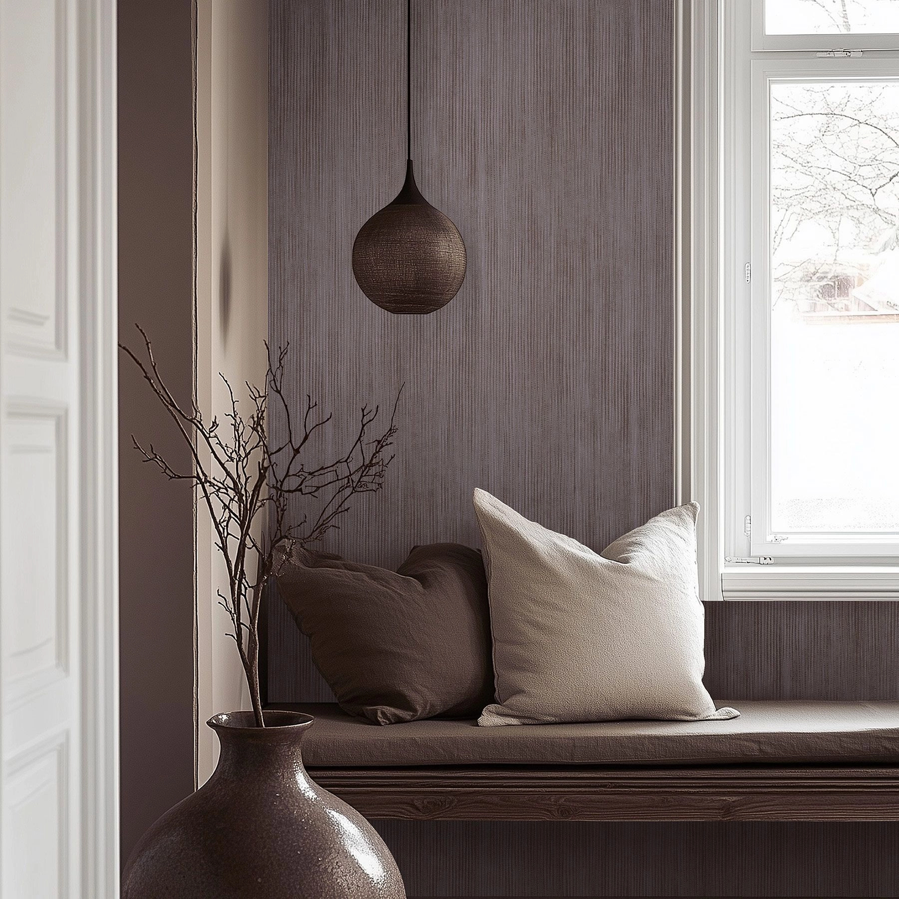 Luxus design tapéta apró vonalas csíkos mintával padlizsánlila színben