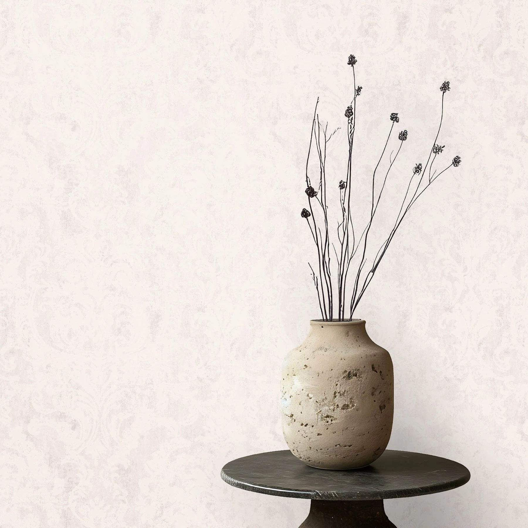 Luxus design tapéta bársonyos tapintású barokkos levél mintával krém színben