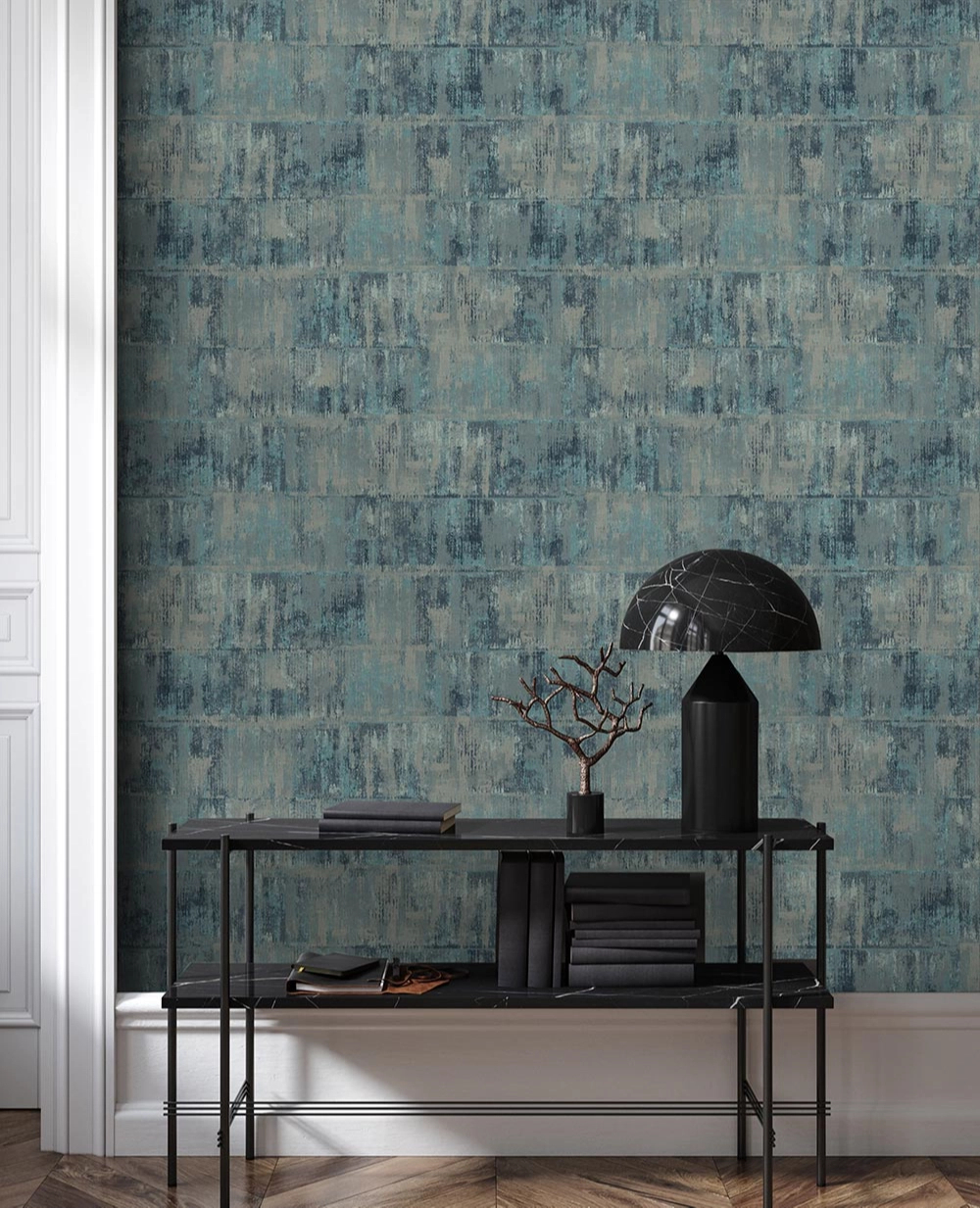 Luxus design tapéta koptatott beton hatású mintával türkizkék színben