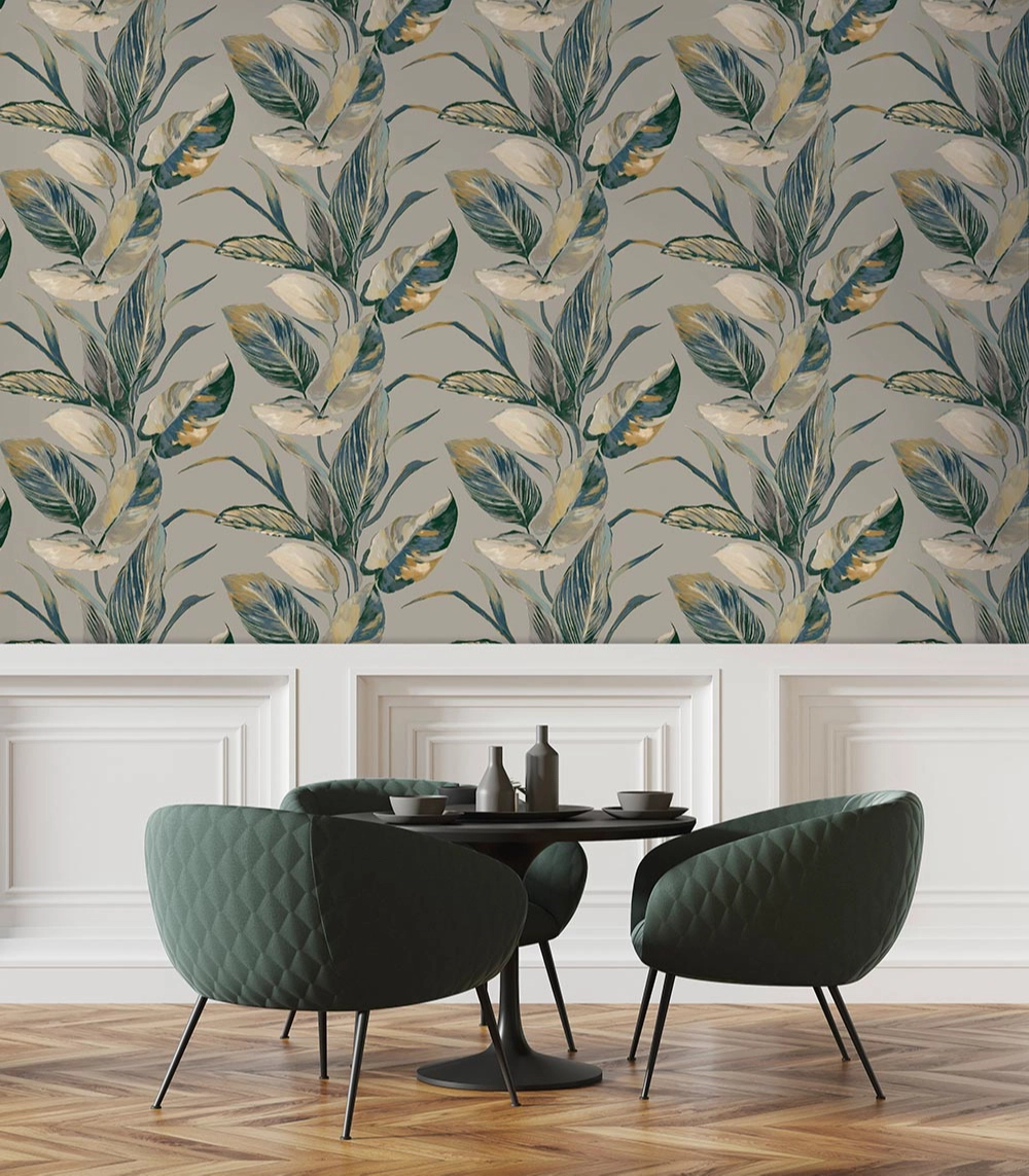 Luxus design tapéta trópusi levél mintával azúrkék színben