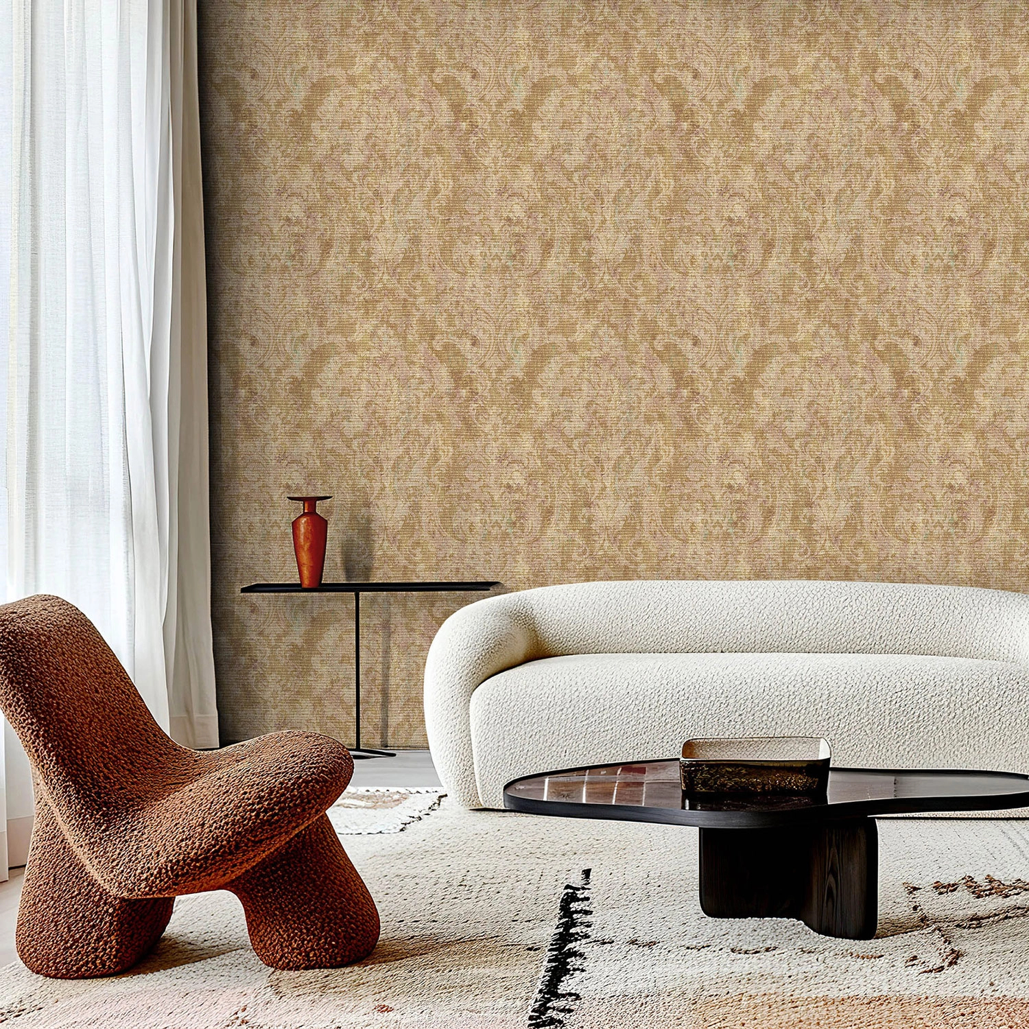 Luxus design tapéta üvegygyöngyös felülettel barokkos levél mintával arany színben