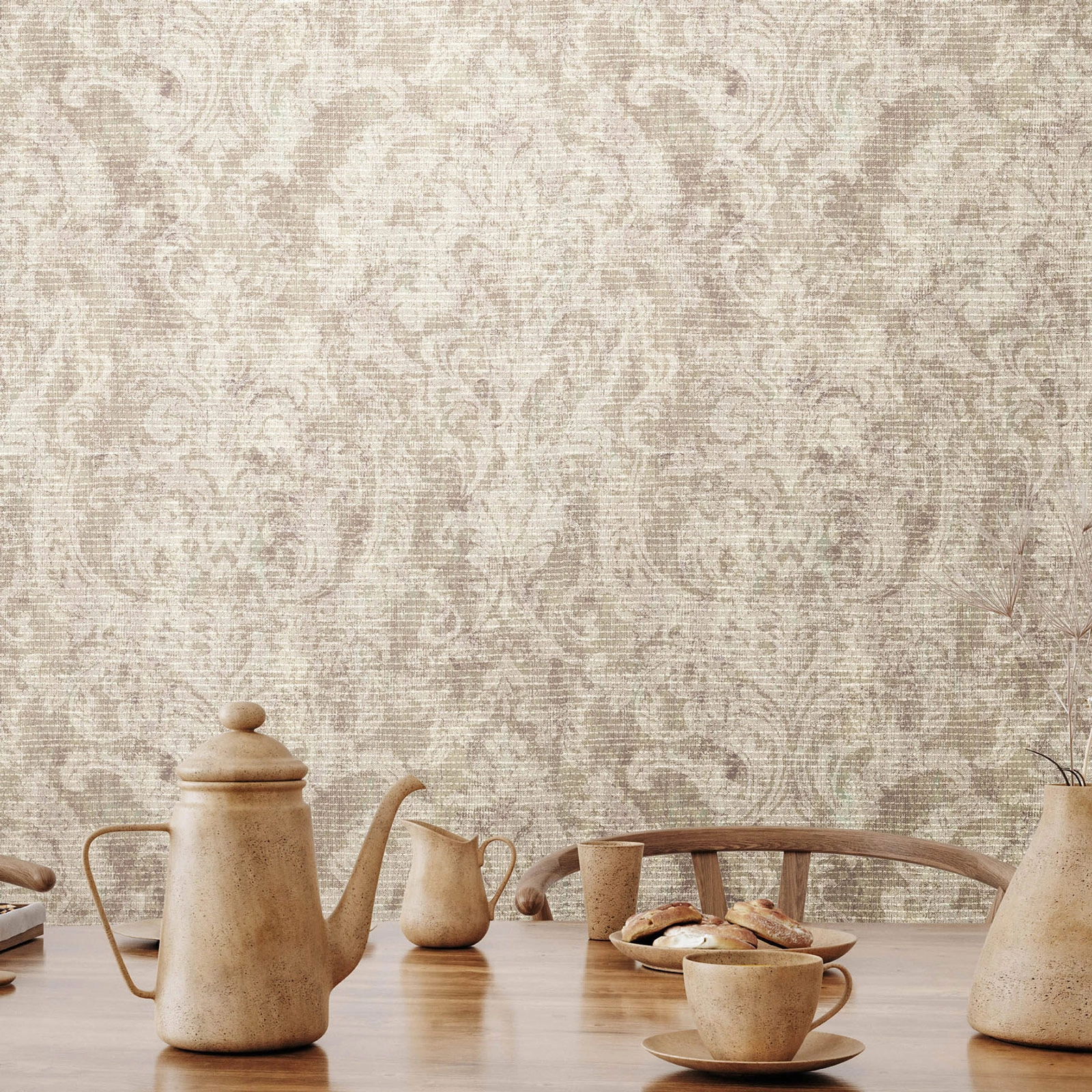 Luxus design tapéta üvegygyöngyös felülettel barokkos levél mintával homokkő színben