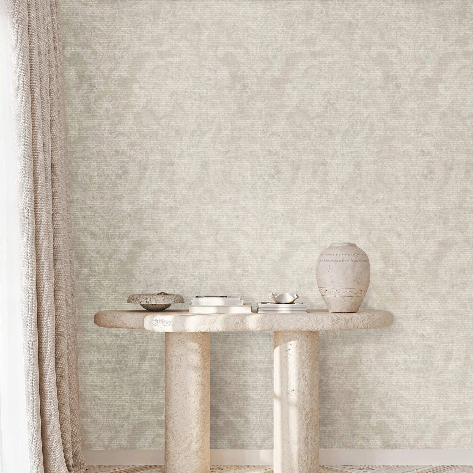 Luxus design tapéta üvegygyöngyös felülettel barokkos levél mintával krém színben