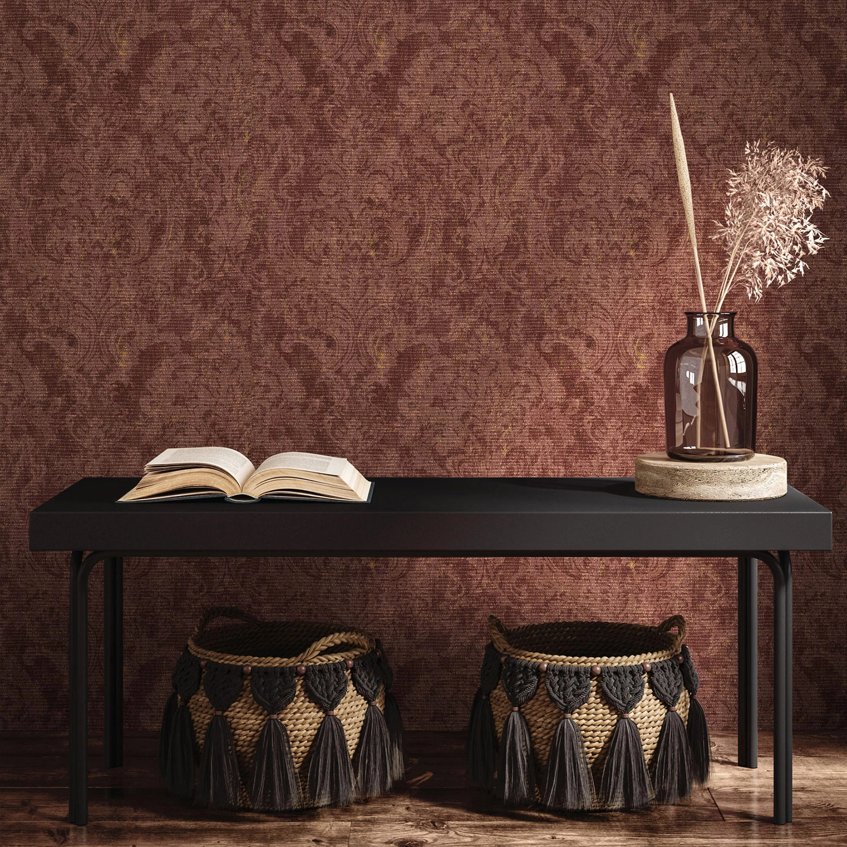 Luxus design tapéta üvegygyöngyös felülettel barokkos levél mintával rozsdabarna színben