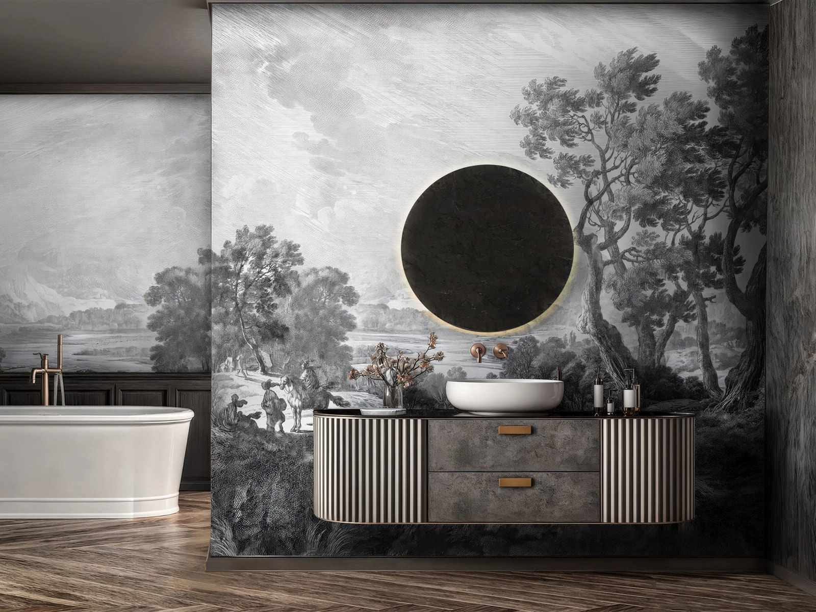 Luxus fotótapéta rézkarc stílusban tájkép mintával