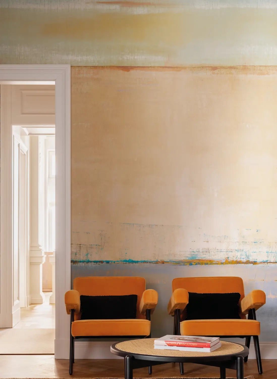 Luxus Jannelli&Volpi fotótapéta beige és kék színes absztrakt horizpntális koptatott mintával struktúrált felülettel