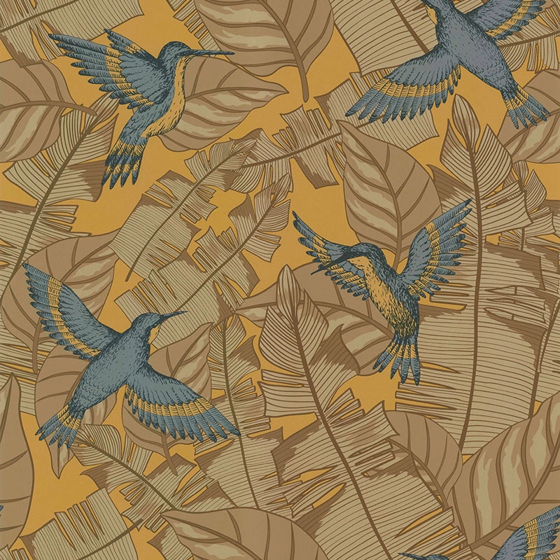 Madár és pálmalevél mintás vlies design tapéta kolibri mintával