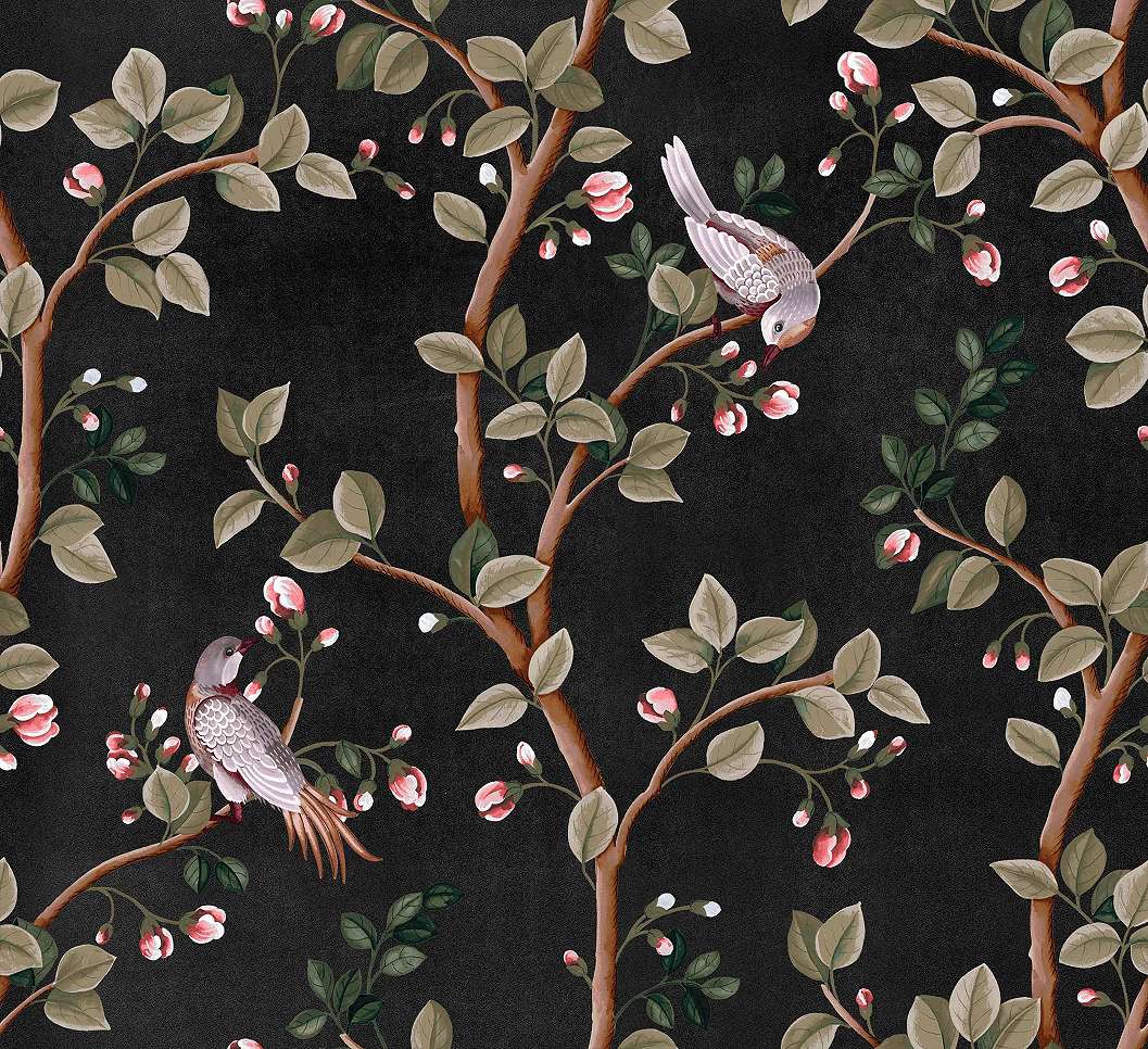 Madár mintás dekor tapéta romantikus botanikus mintával