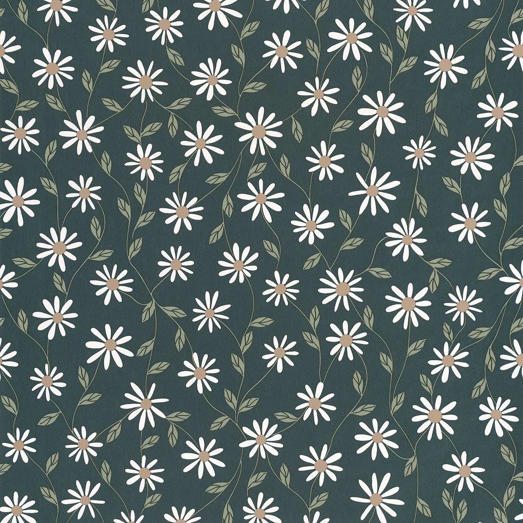Margaréta virágmintás vlies design tapéta sötétzöld színben