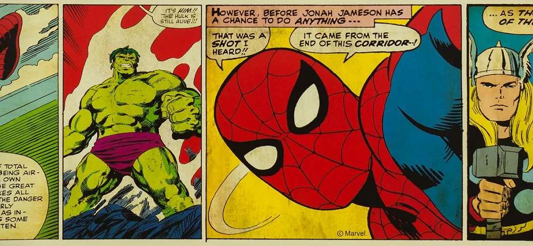 Marvel képregény mintás bordűr, pókember, Hulk és Thor szuperhősökkel