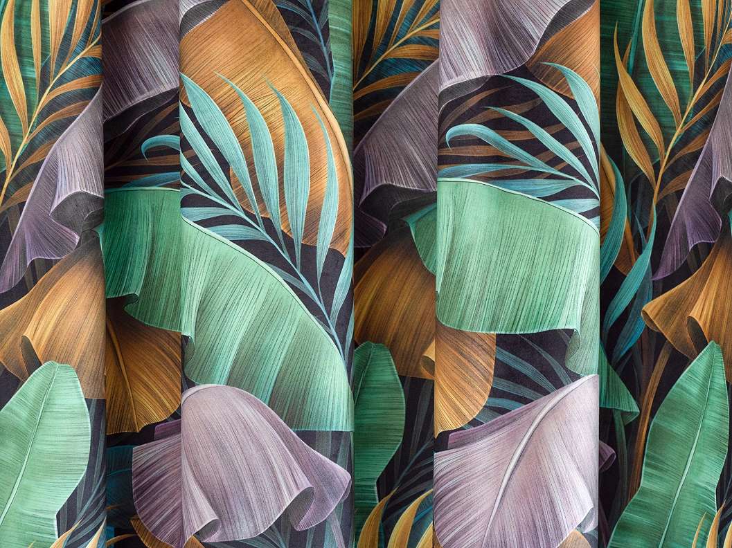 Matt sötétítő függöny textil bársonyos érintésú trópőusi banánleveles mintával